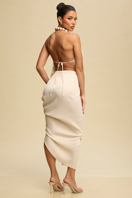 BEADED ACCENT DRAPE DRESS CHAMPAGNE