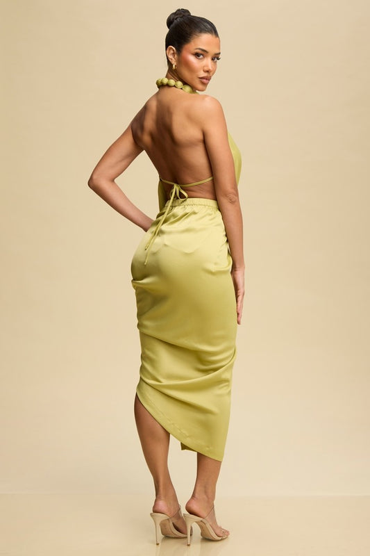 BEADED ACCENT DRAPE DRESS LIME
