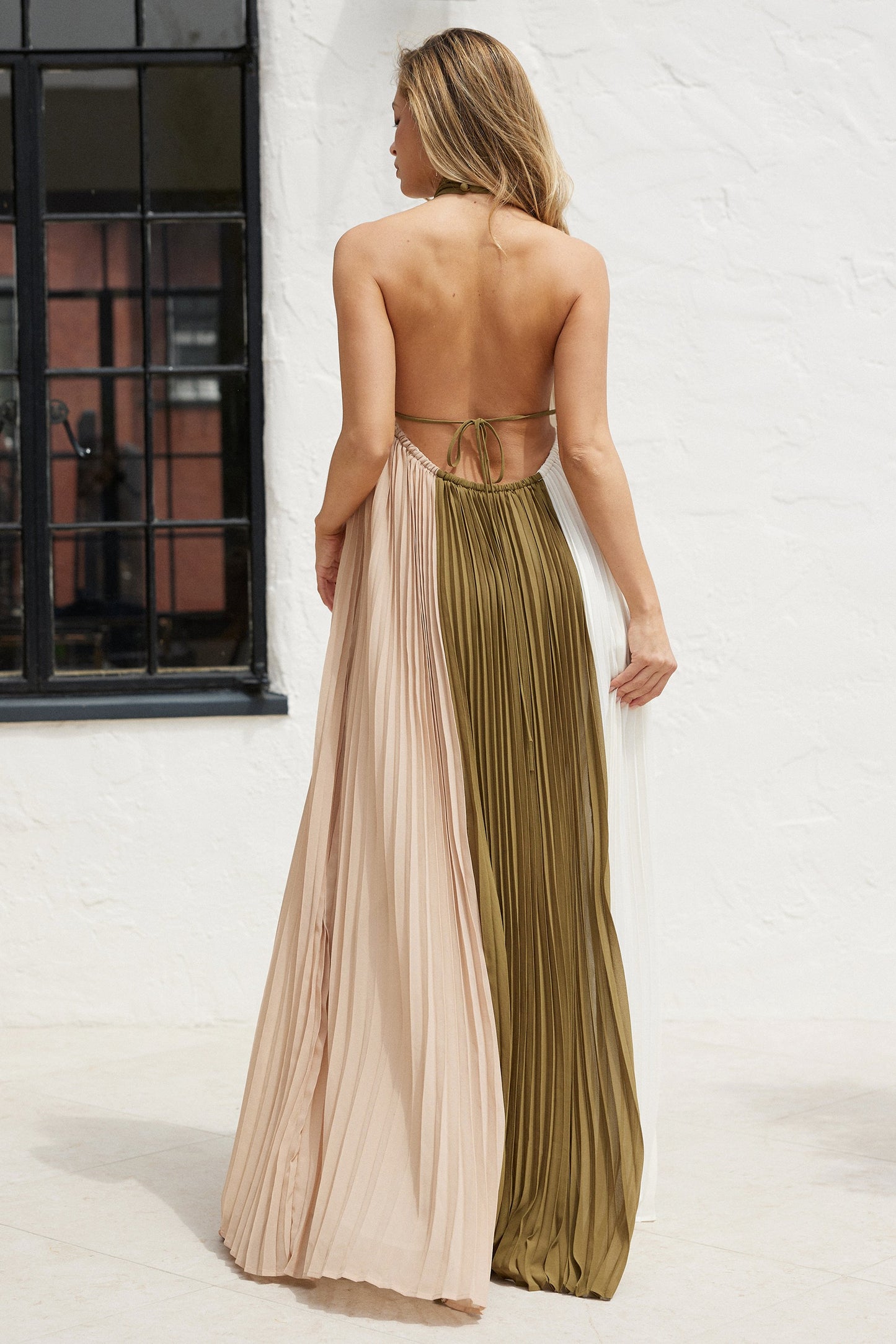 COLORBLOCK PLEATED HALTER MAXI DRESS OLIVE MULTI