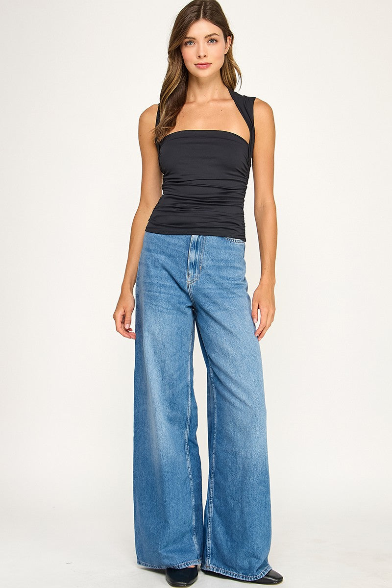 CONTOUR FLOURISH TOP RUCHED SQUARENECK TANK BLACK
