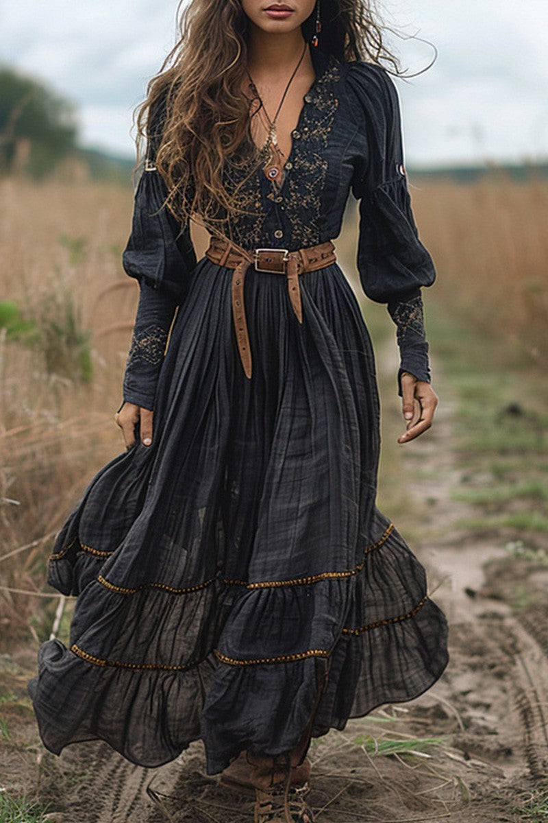 EMBROIDERED PUFF SLEEVES DEEP V-NECK DRESS