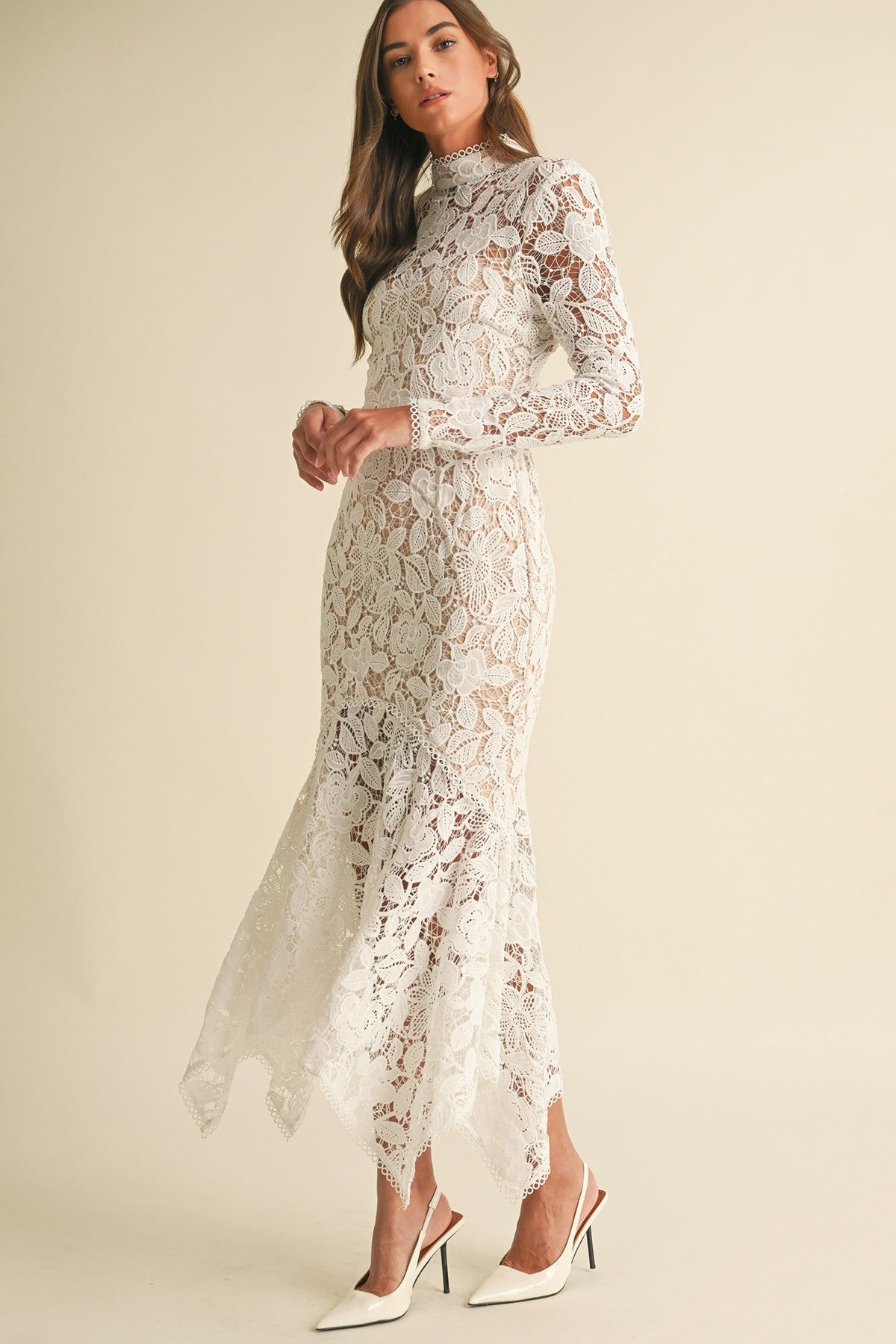FLORAL LACE MOCK NECK MIDI DRESS WHITE