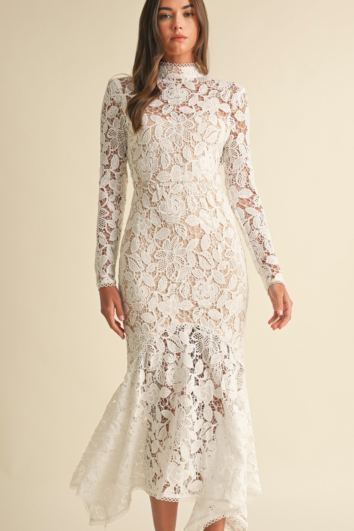 FLORAL LACE MOCK NECK MIDI DRESS WHITE