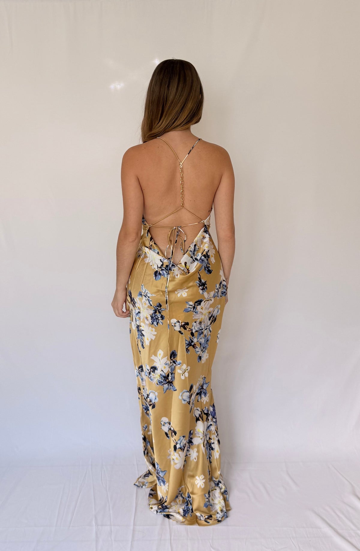FLORAL METALLIC CHAIN SLIP DRESS