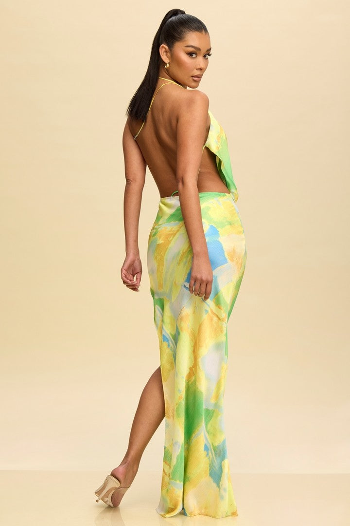 ISLA COWL SATIN DRESS LIME