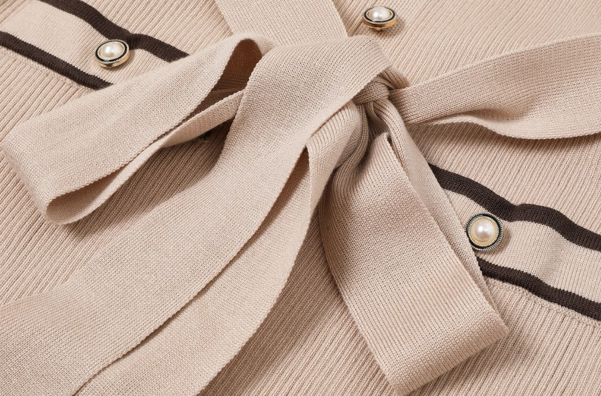 LONG SLEEVE MIDI DRESS W CONTRAST HIGH NECK COLLAR - BEIGE