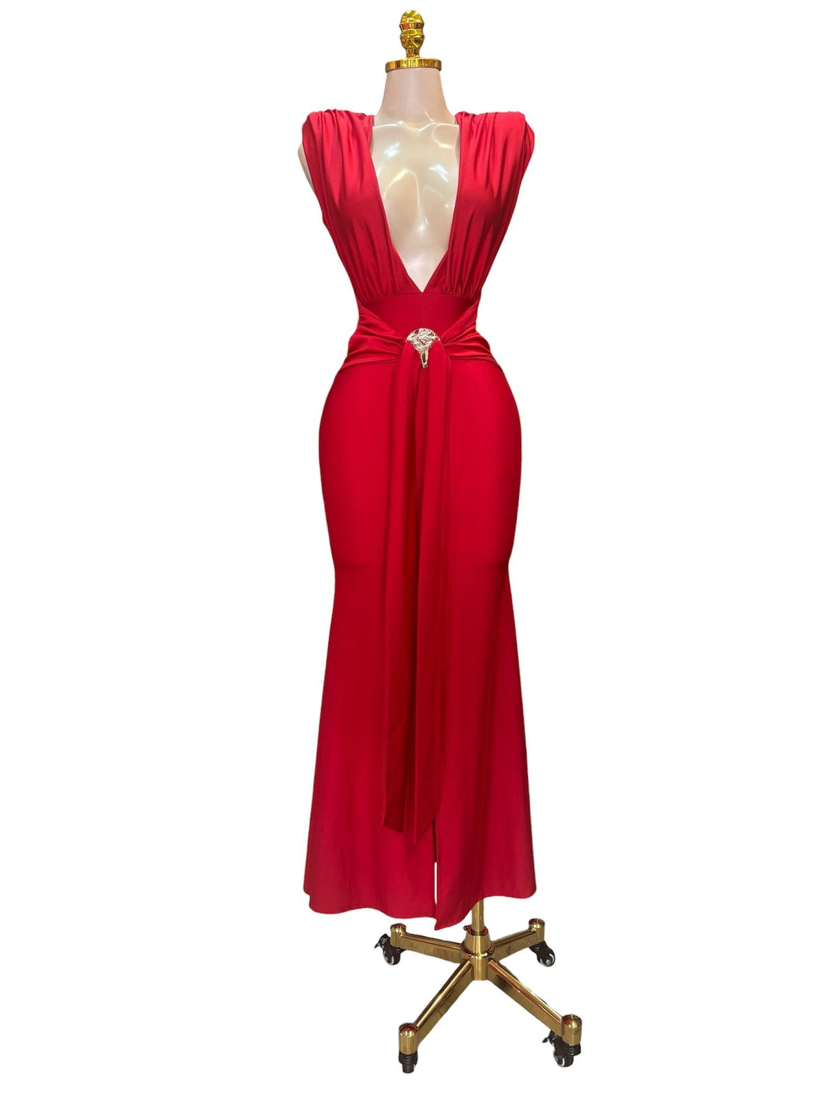 Deep V-neck Metal Detail Front Long Dress