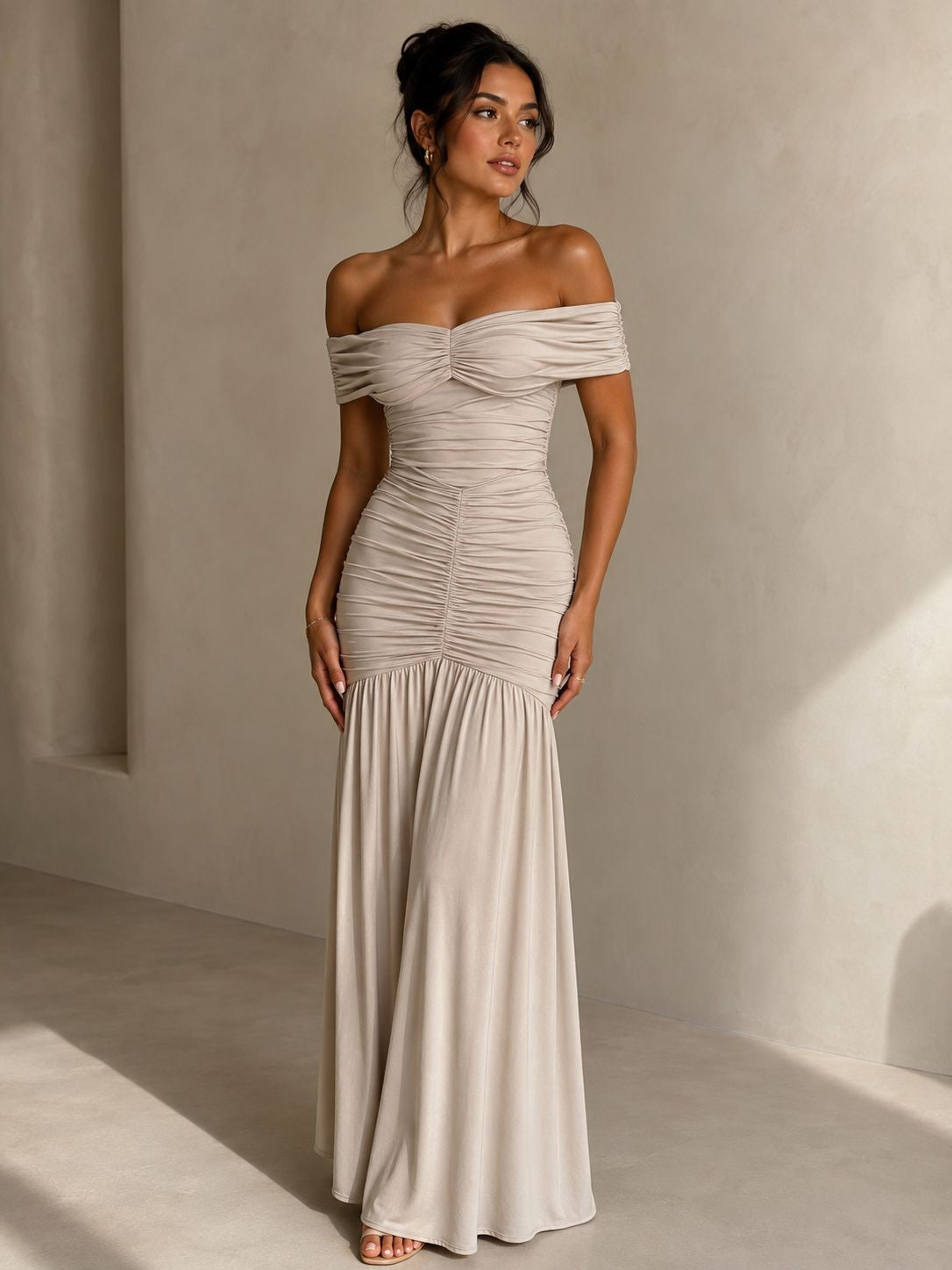 OFF-SHOULDER MESH MAXI DRESS