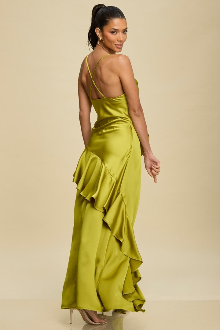 RUFFLE CASCADE SATIN GOWN