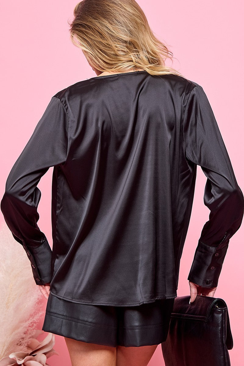 SATIN DRAPE NECK LONG SLEEVE BLOUSE BLACK