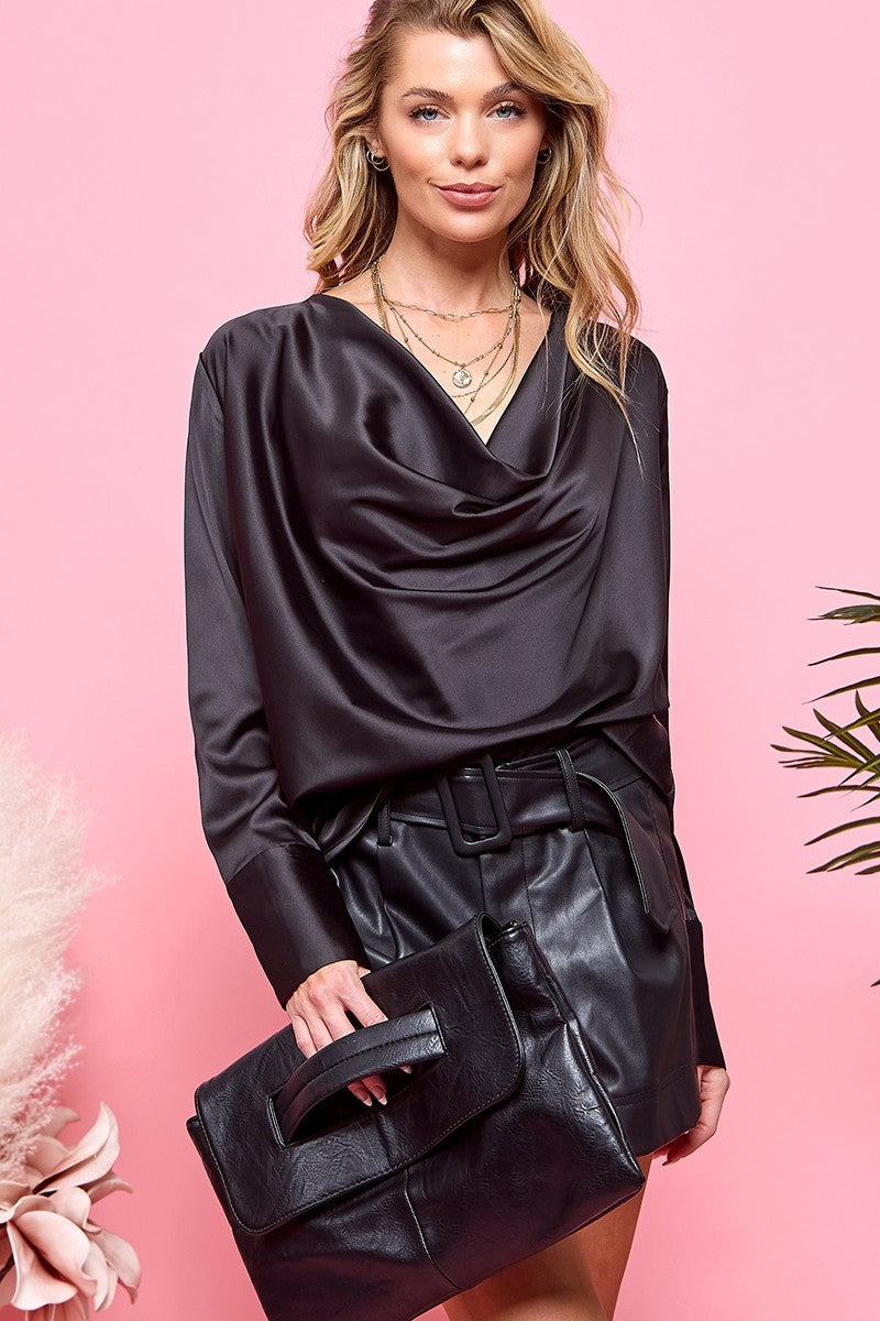 SATIN DRAPE NECK LONG SLEEVE BLOUSE BLACK