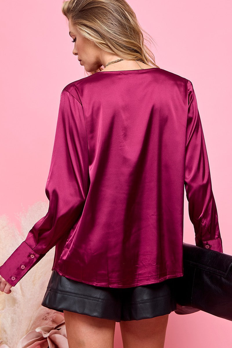 SATIN DRAPE NECK LONG SLEEVE BLOUSE BURGUNDY