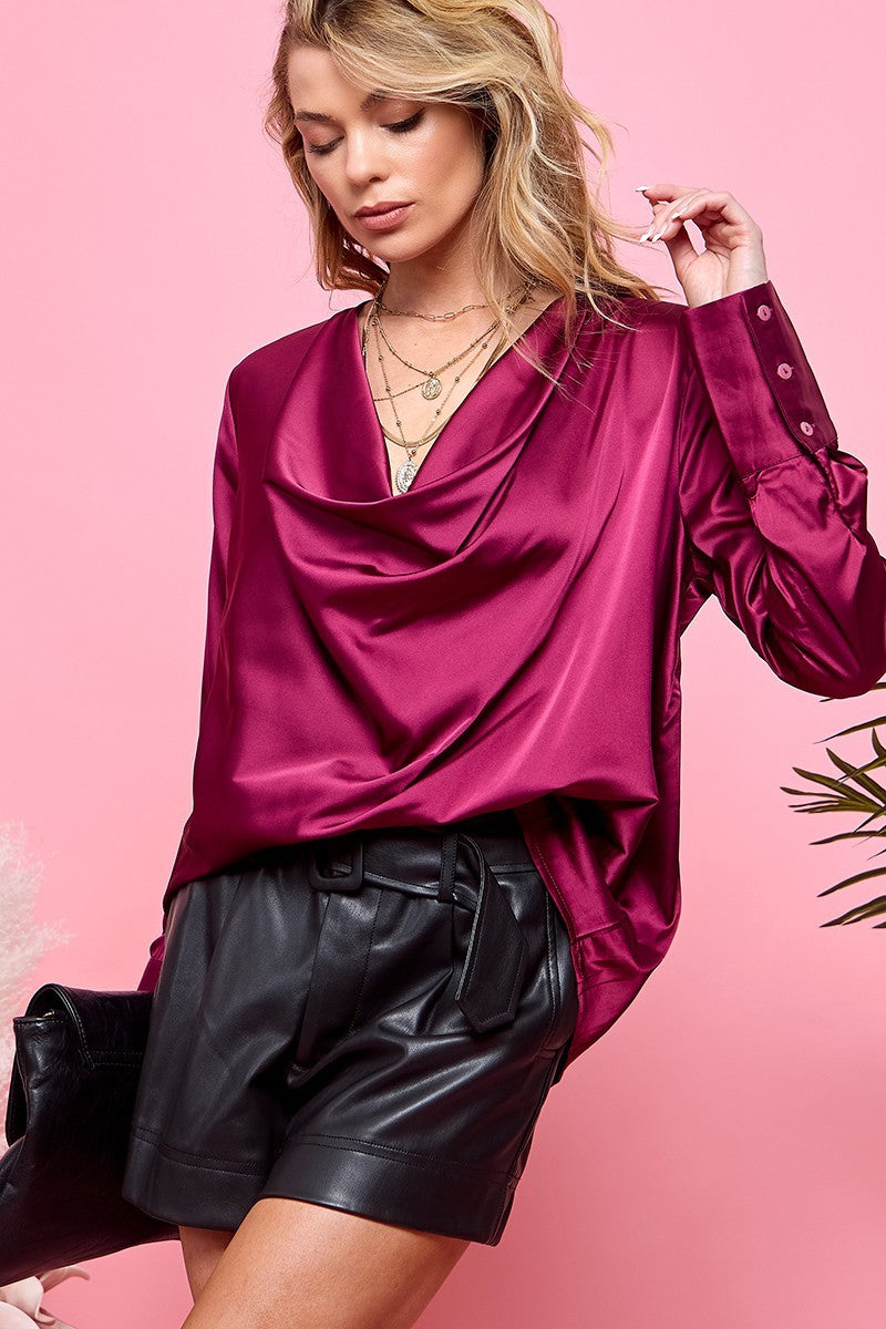 SATIN DRAPE NECK LONG SLEEVE BLOUSE BURGUNDY
