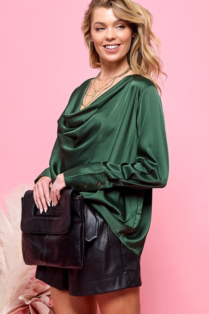 SATIN DRAPE NECK LONG SLEEVE BLOUSE DARK GREEN