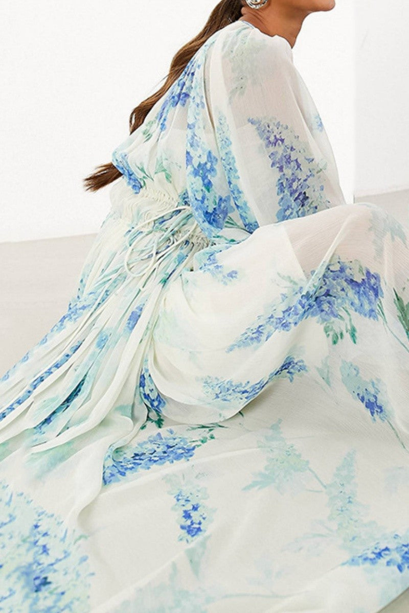 SHEER CHIFFON V-NECK LONG SLEEVE MAXI DRESS