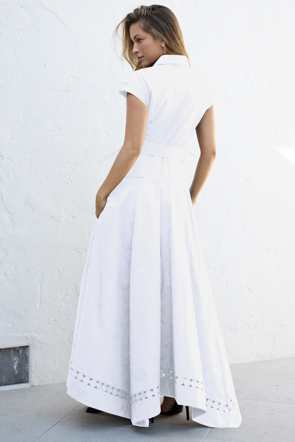 SHORT SLEEVE LACE TRIM BELTED MAXI DRESS WHITE
