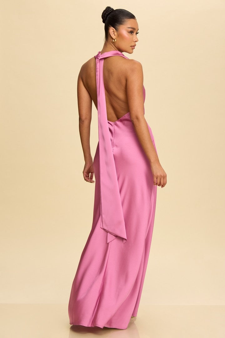 SOLID SATIN HALTER MAXI ORQUID