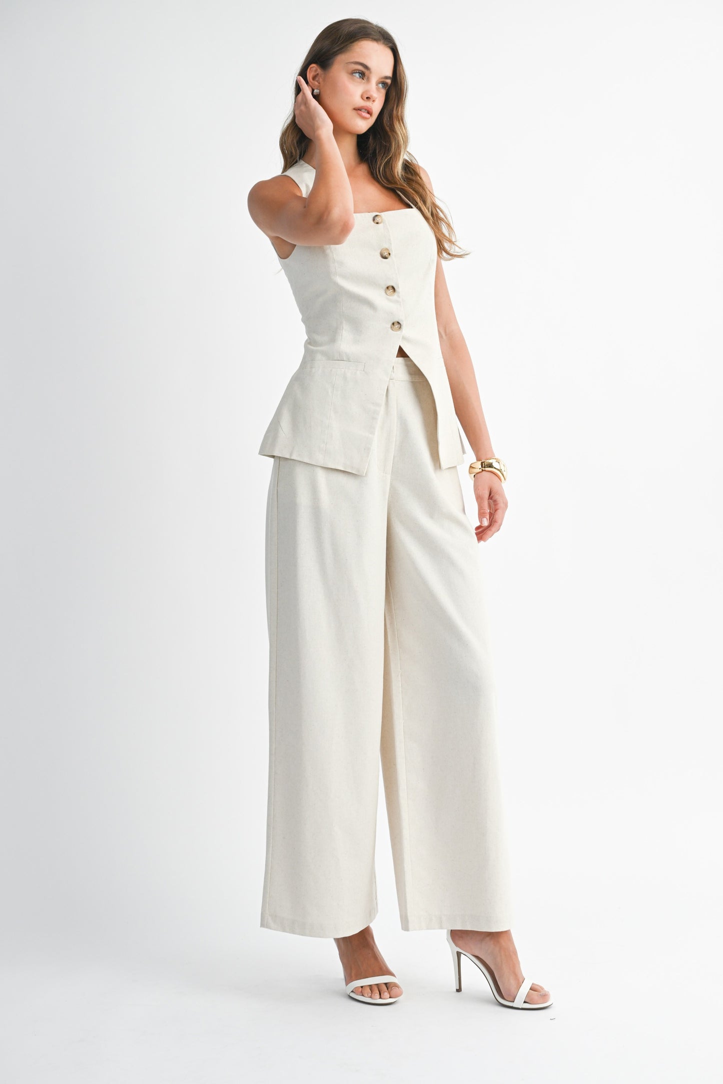 SQUARE NECKLINE LONGLINE TOP AND LONG PANTS SET