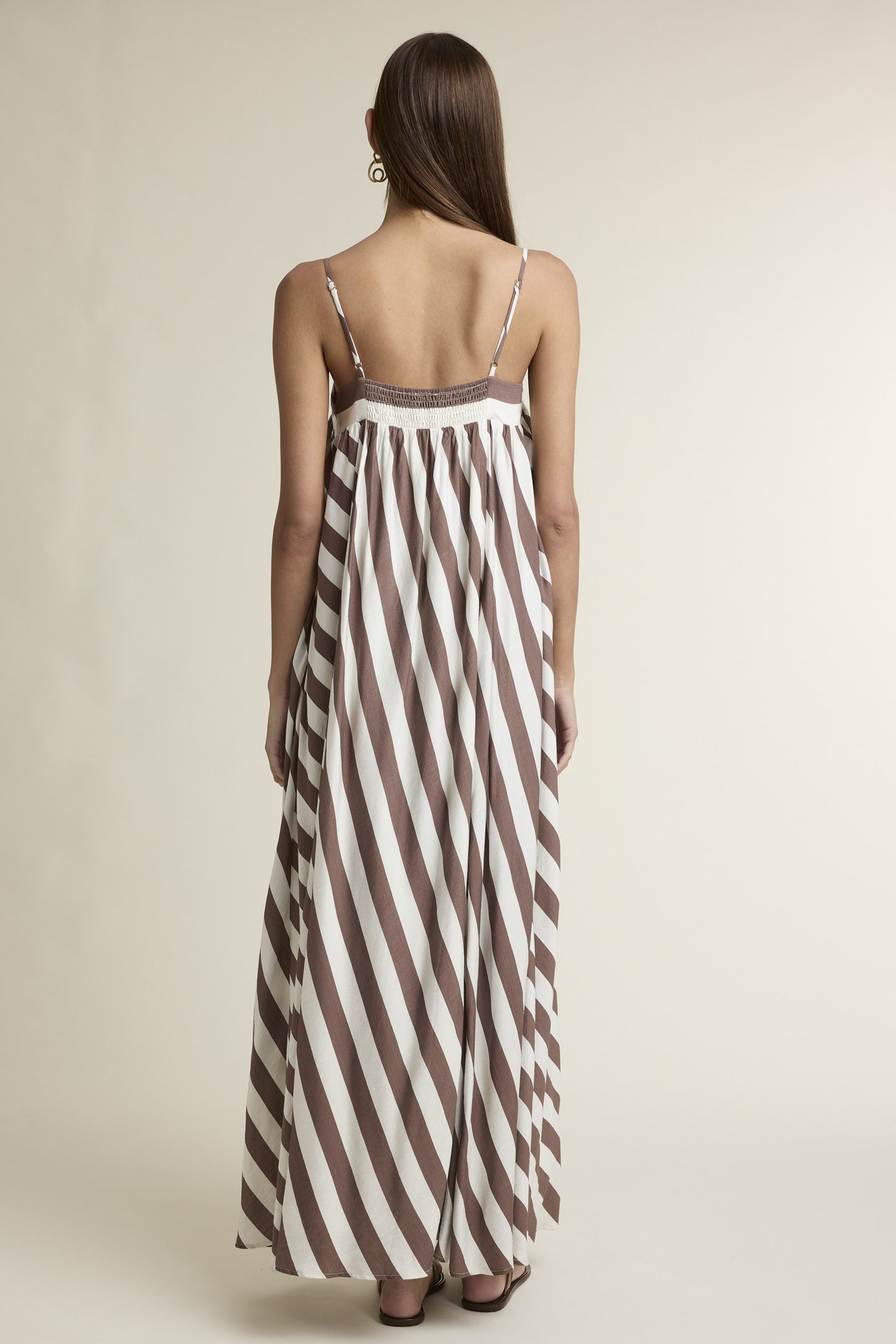 STRIPE ADJUSTABLE SPAGHETTI STRAP MAXI DRESS BROWN