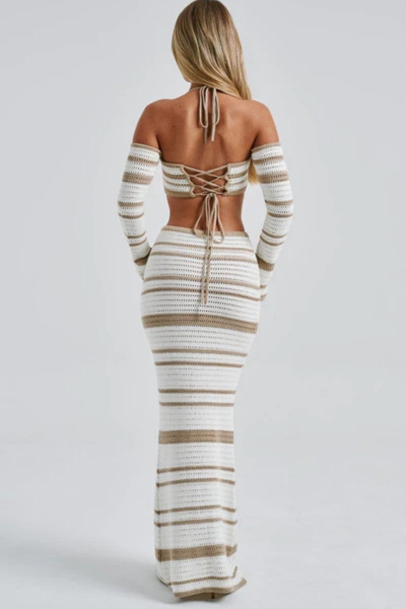 STRIPED HALTER CROP AND MINI SKIRT SET