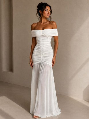 OFF-SHOULDER MESH MAXI DRESS