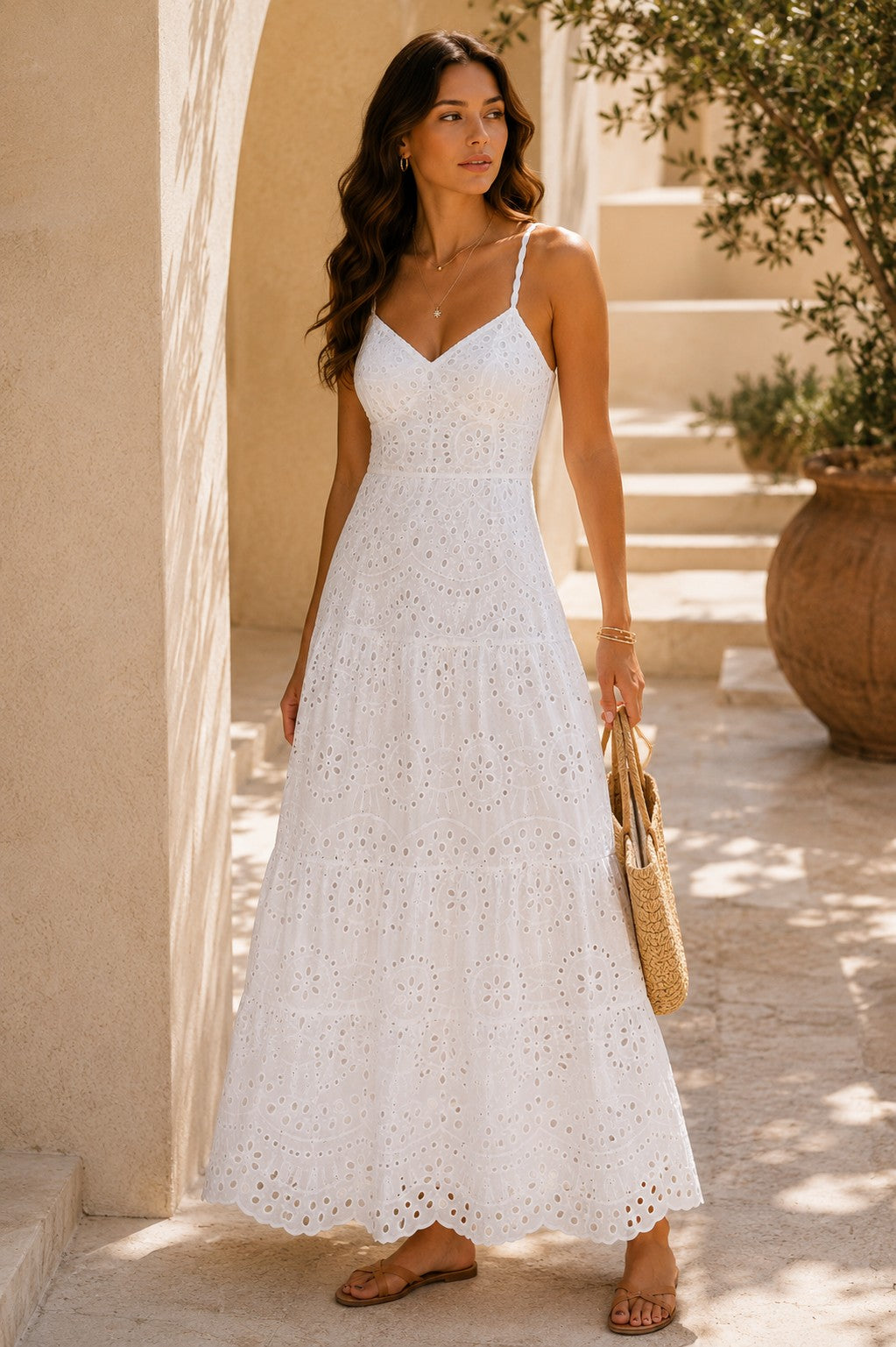 AMALFI COAST EYELET TIERED MAXI DRESS