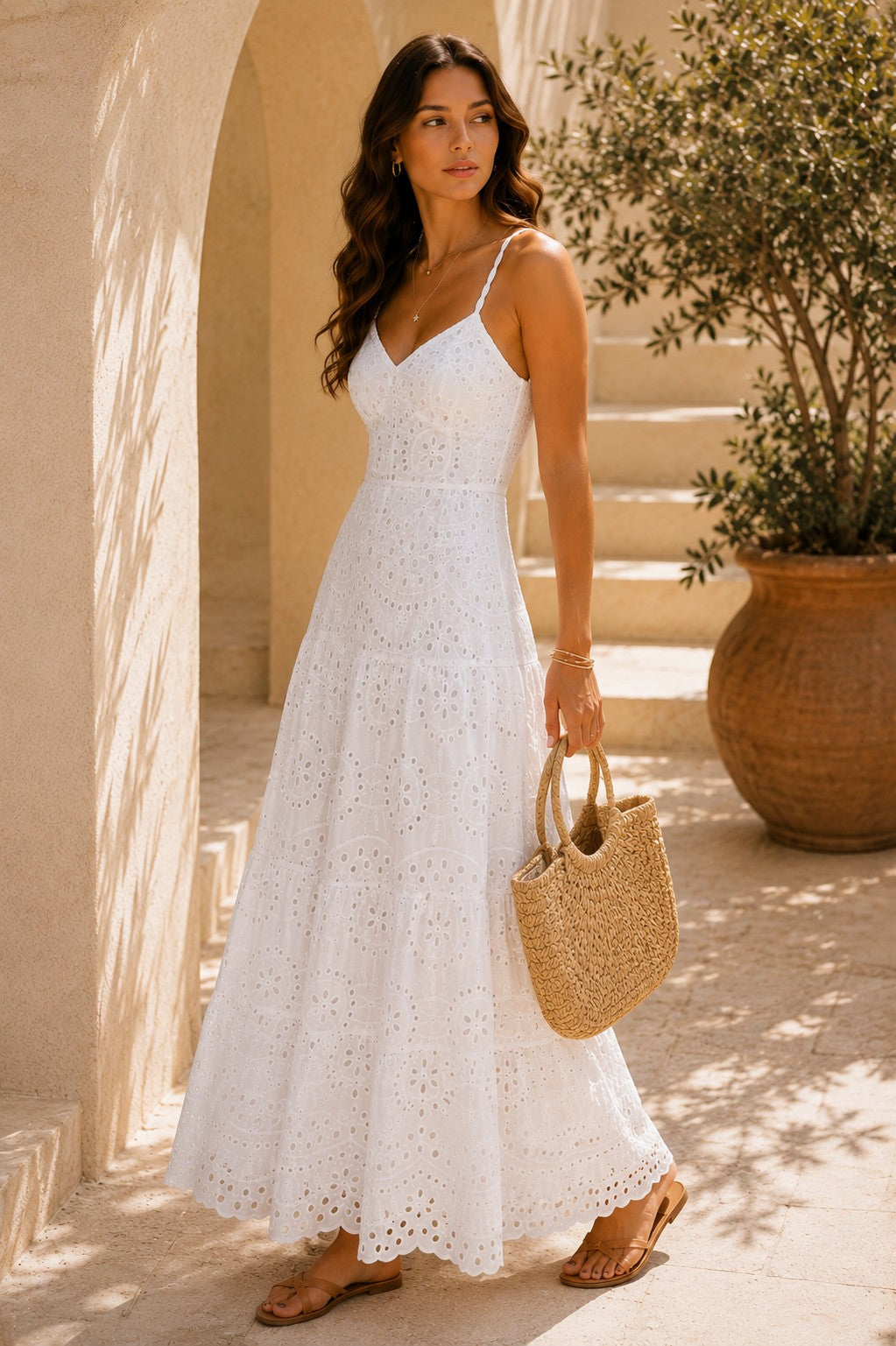 AMALFI COAST EYELET TIERED MAXI DRESS