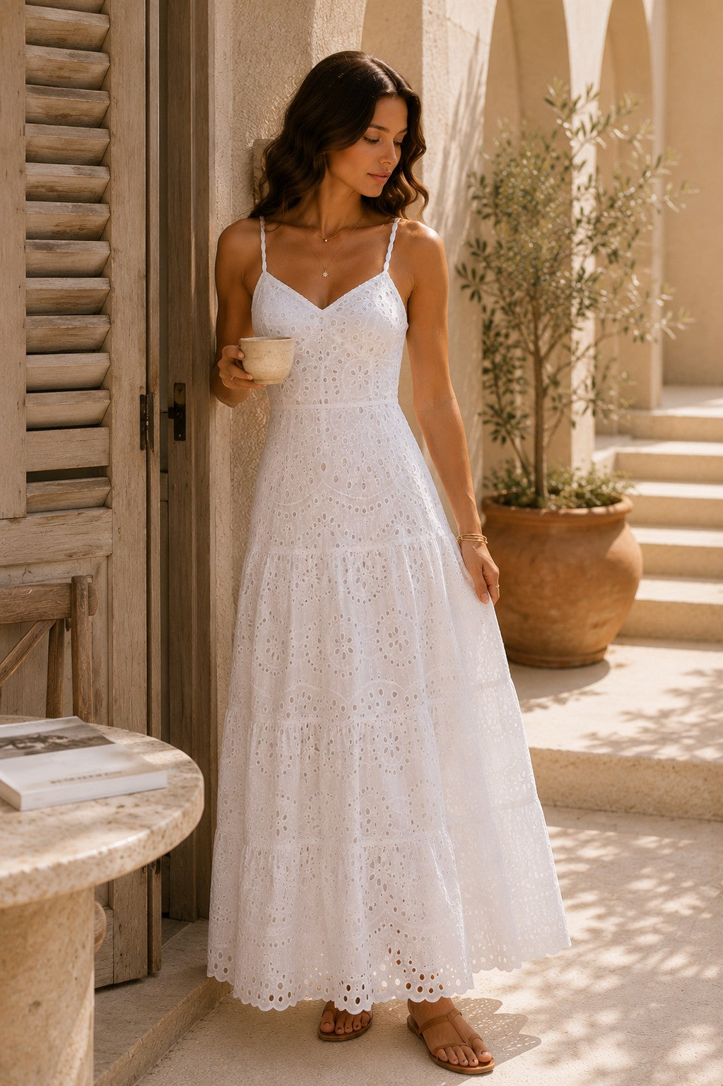 AMALFI COAST EYELET TIERED MAXI DRESS
