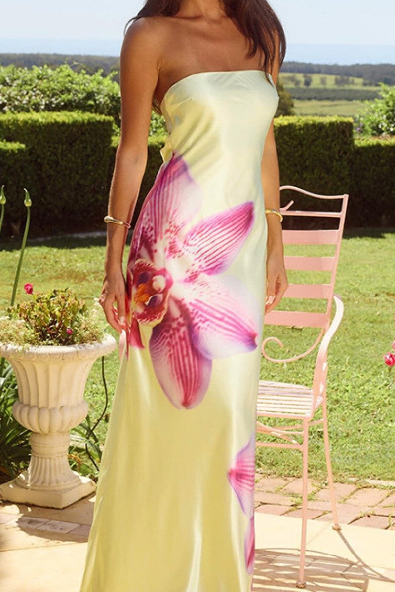 BACKLESS FLORAL PRINT MAXI BANDEAU DRESS