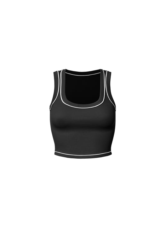 CONTRAST STITCH ROUND HEM CROPPED RIBBED TANK TOP