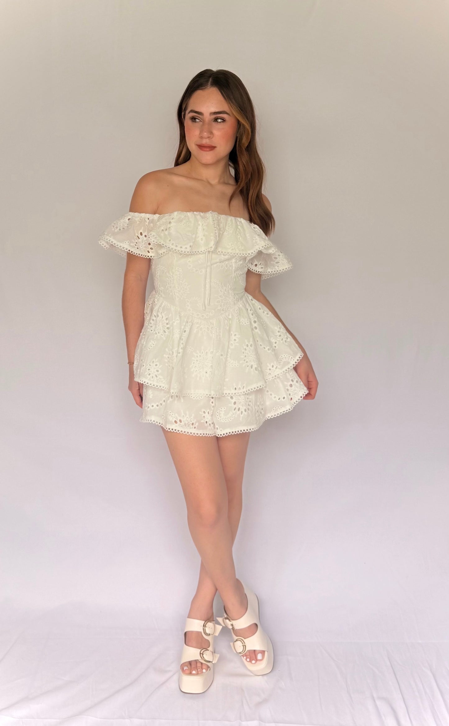 EYELET TIERED OFF/S ROMPER