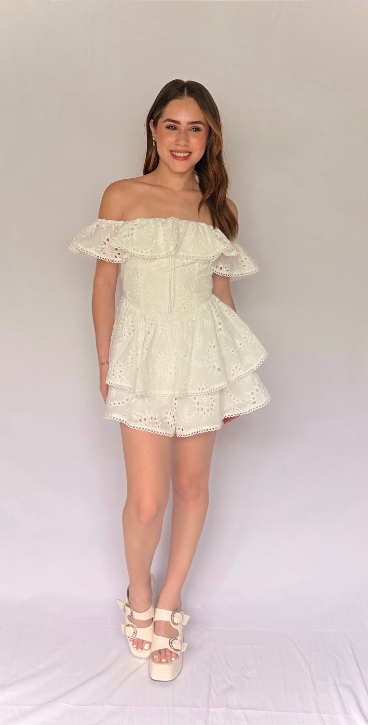 EYELET TIERED OFF/S ROMPER