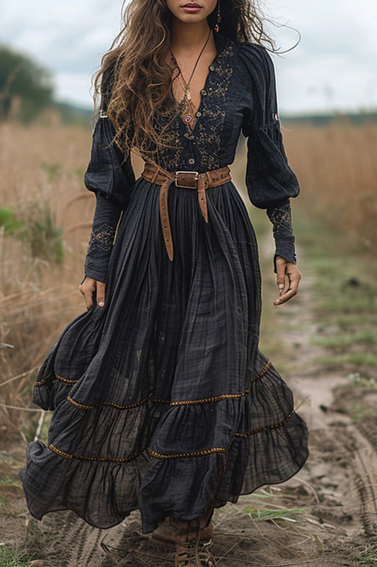 EMBROIDERED PUFF SLEEVES DEEP V-NECK DRESS