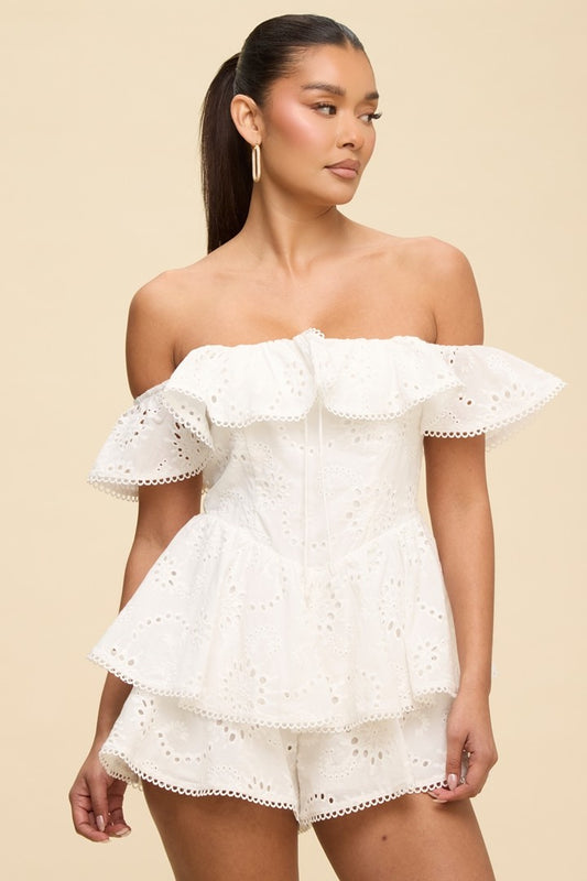 EYELET TIERED OFF/S ROMPER