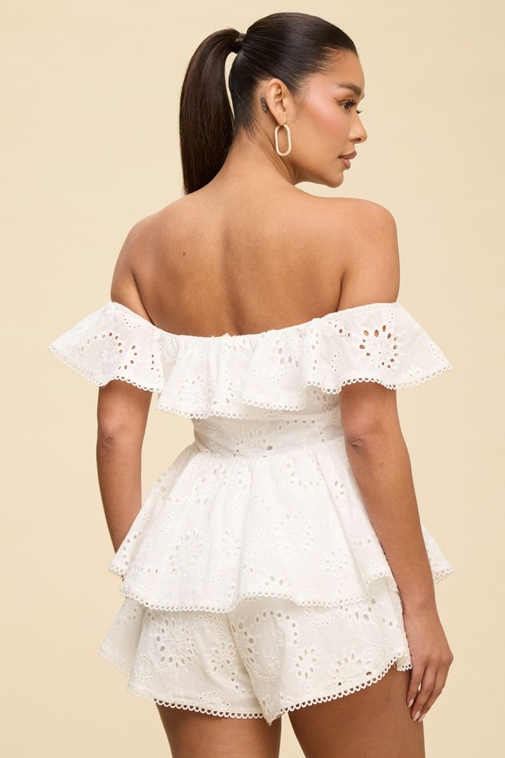 EYELET TIERED OFF-SHOULDER ROMPER