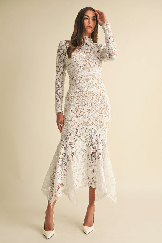 FLORAL LACE MOCK NECK MIDI DRESS WHITE