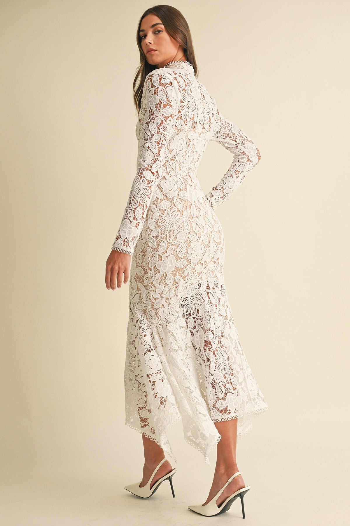 FLORAL LACE MOCK NECK MIDI DRESS WHITE