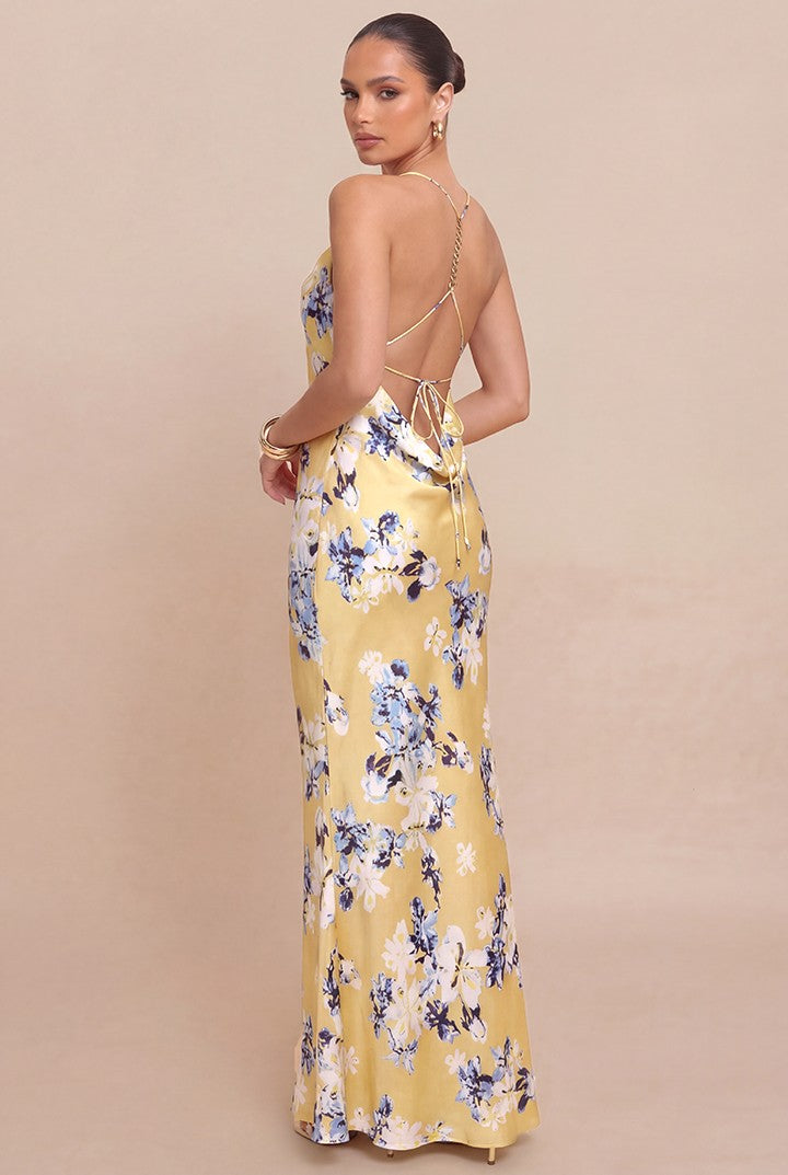 FLORAL METALLIC CHAIN SLIP DRESS
