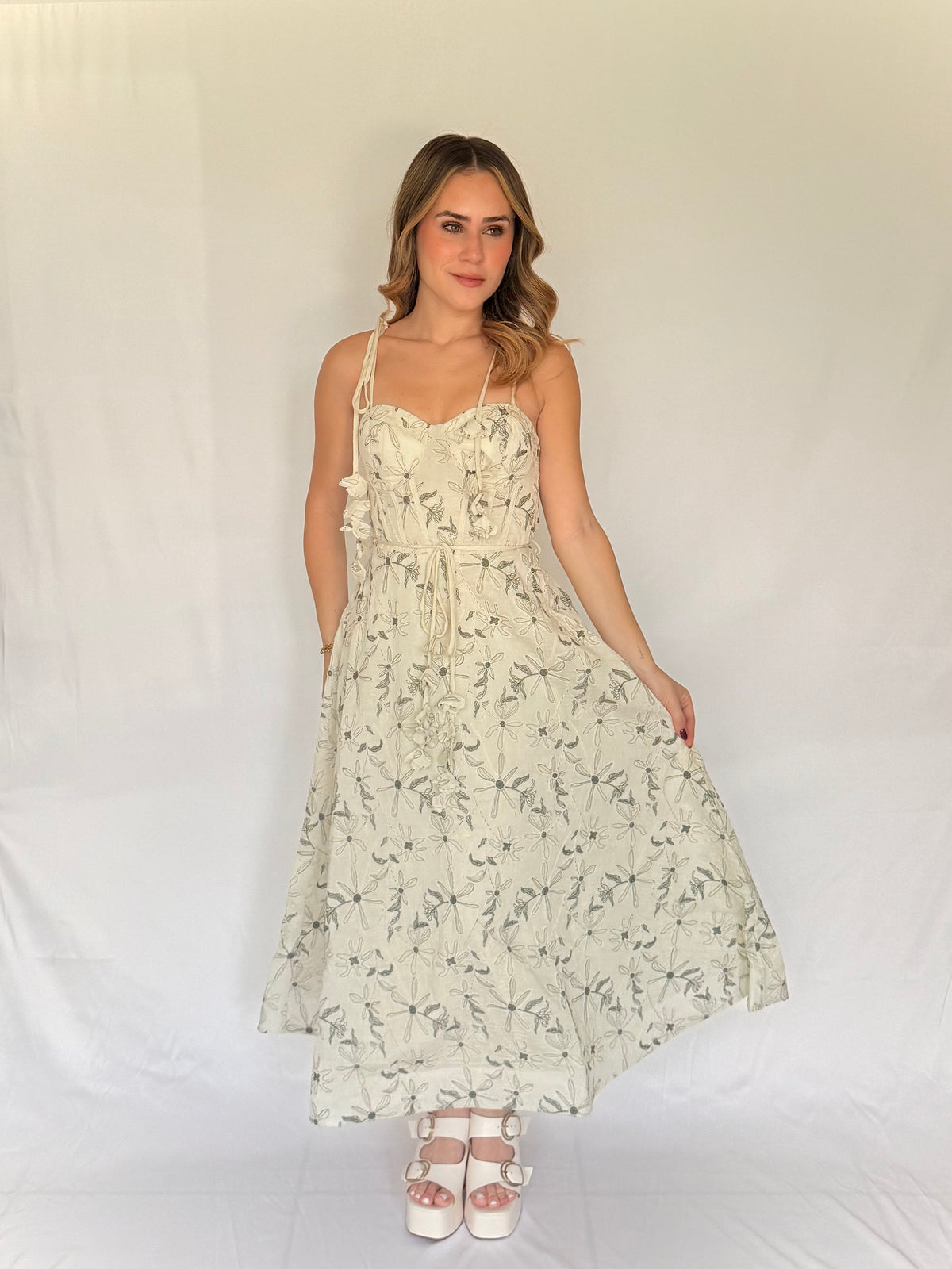 Botanical Charm Tie-shoulder Midi Dress