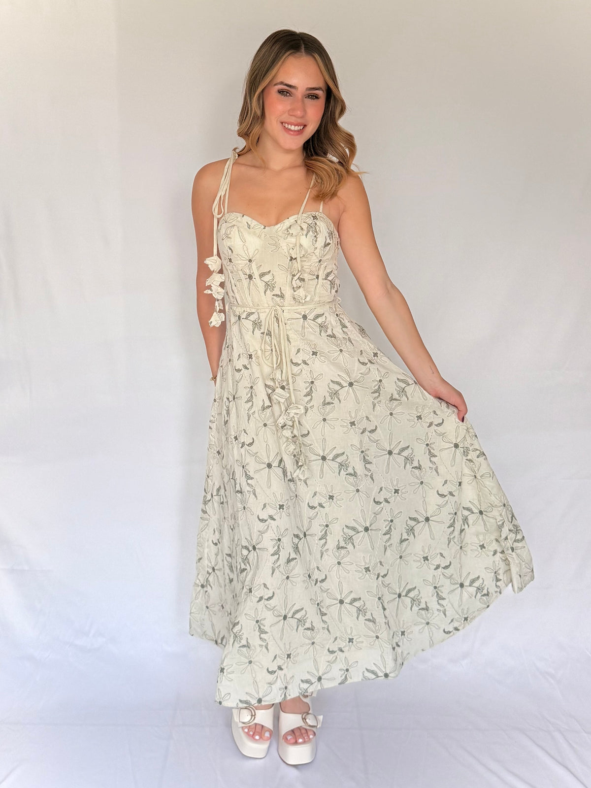 Botanical Charm Tie-shoulder Midi Dress