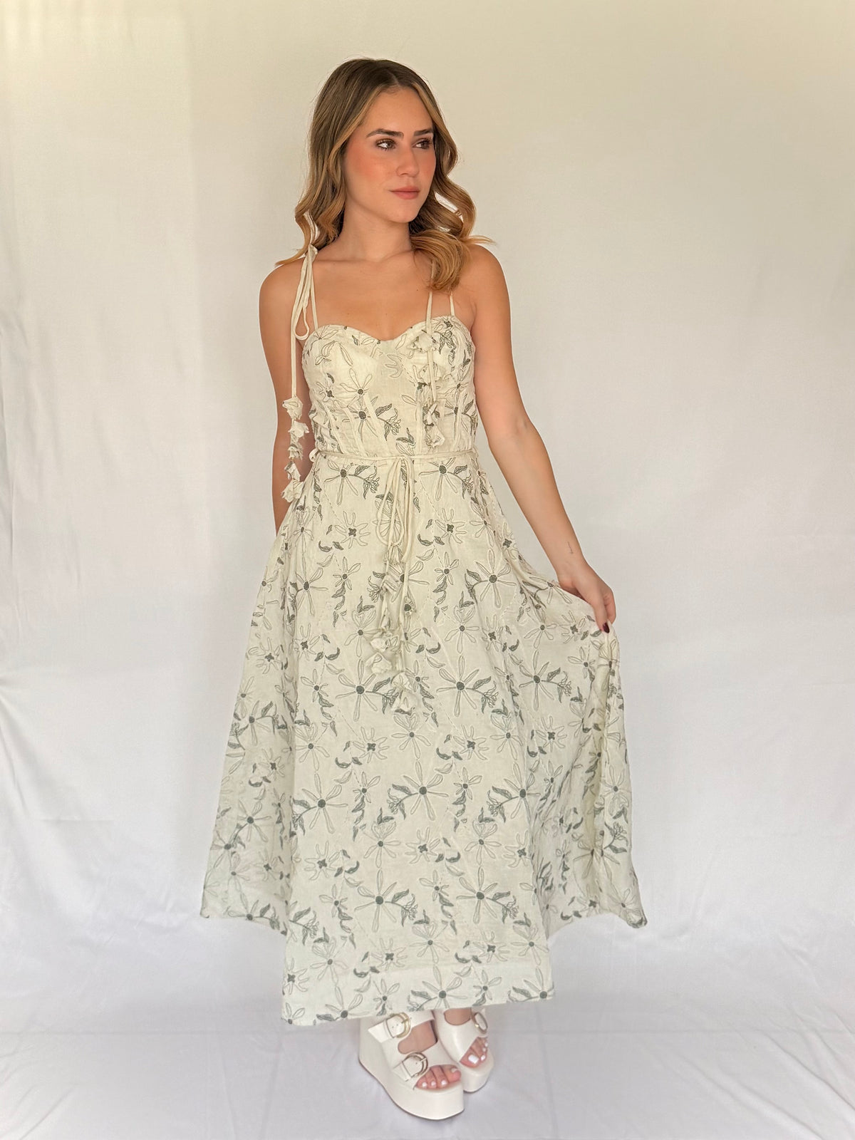 Botanical Charm Tie-shoulder Midi Dress