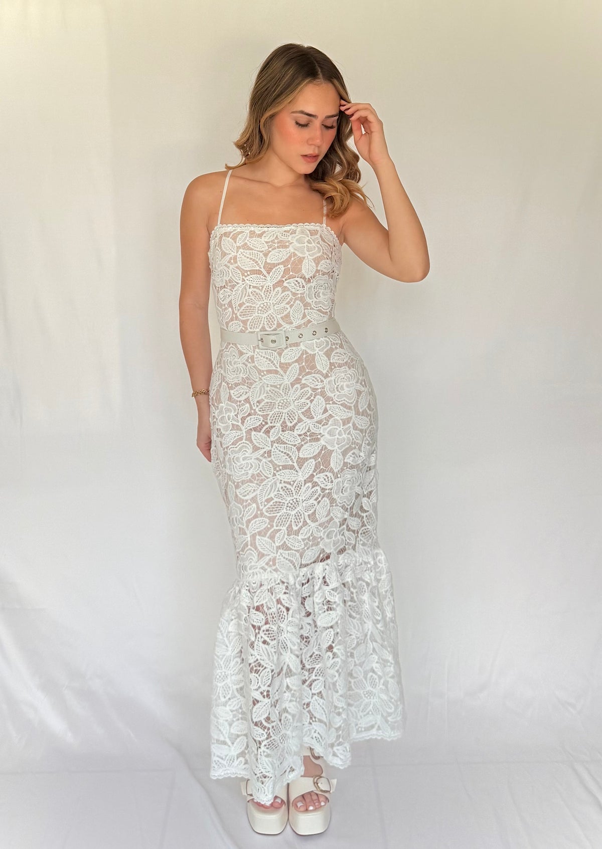 Lace Flounce Midi Dress