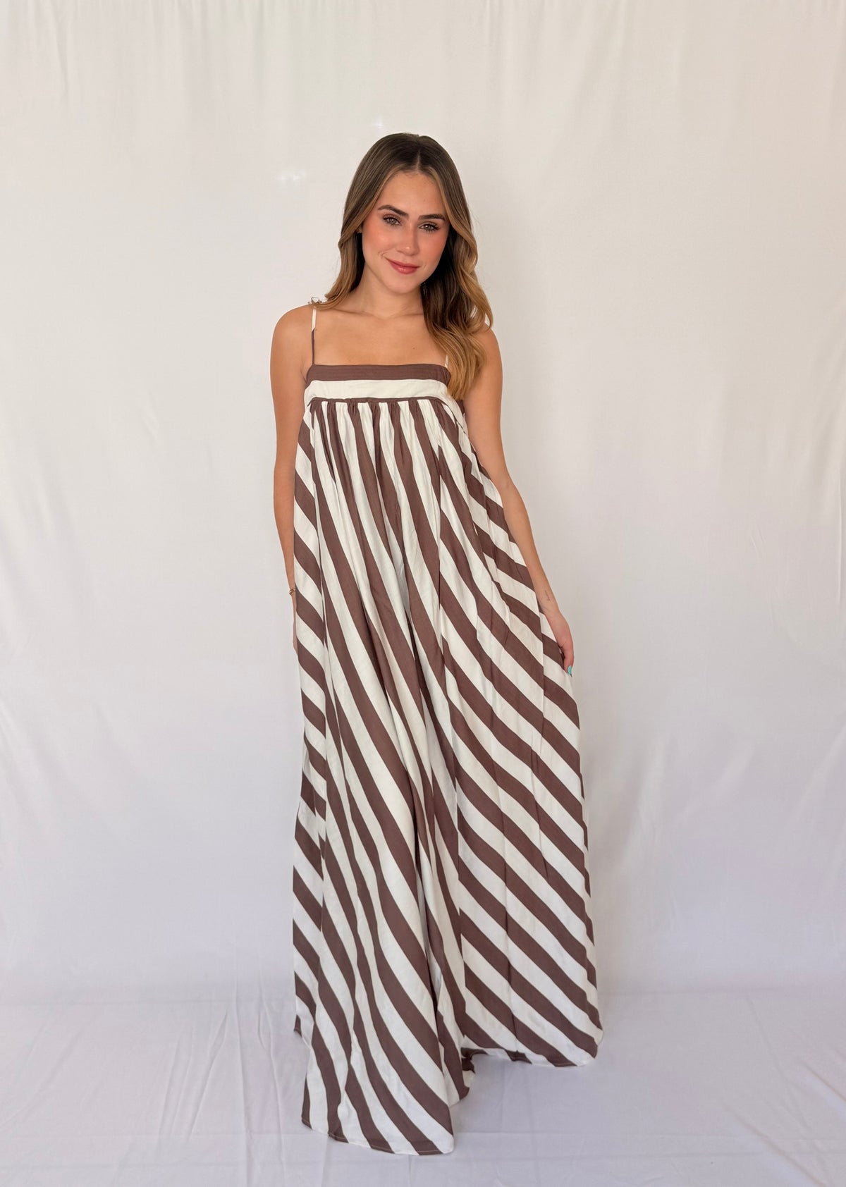 STRIPE ADJUSTABLE SPAGHETTI STRAP MAXI DRESS BROWN