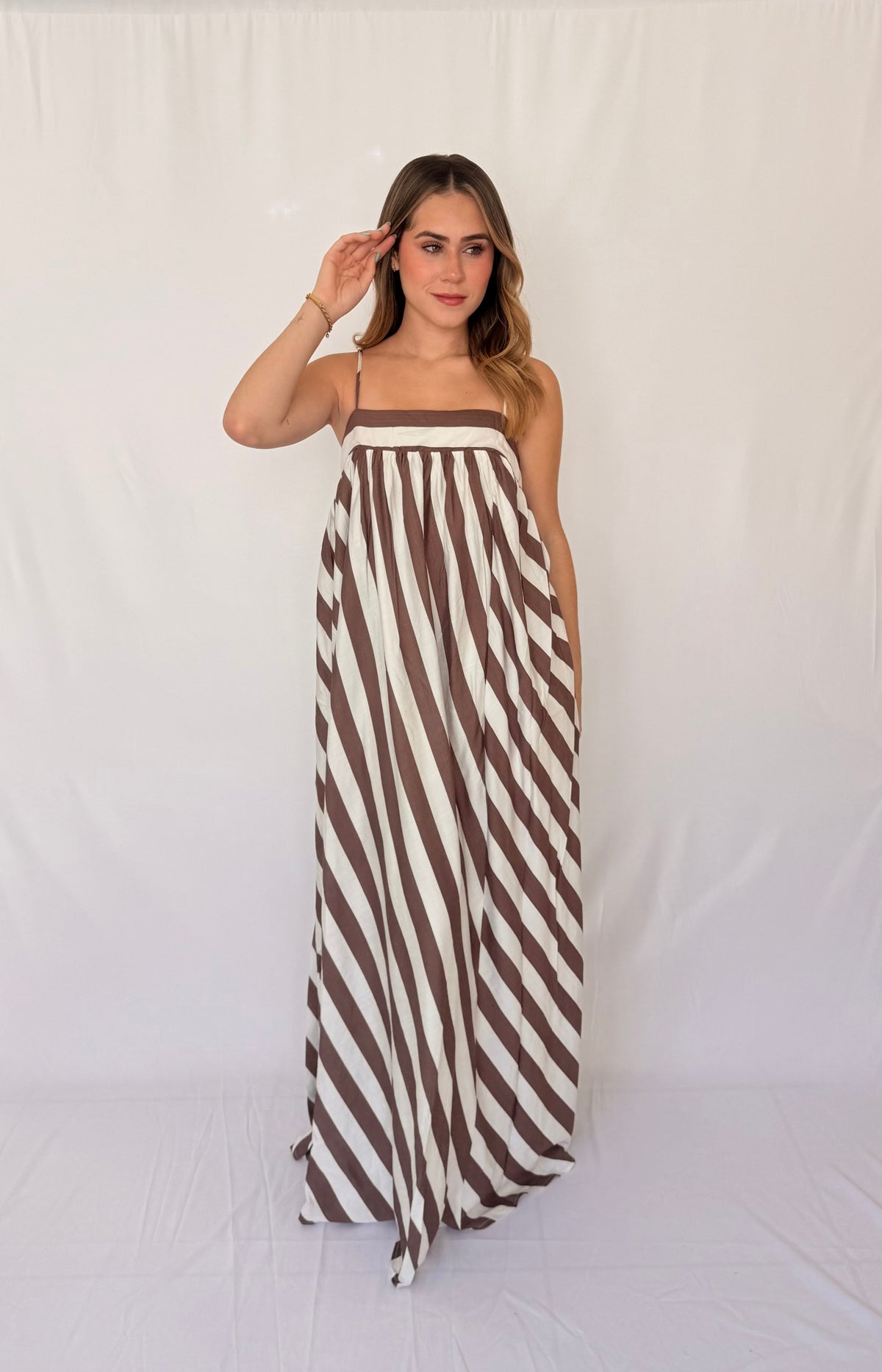 STRIPE ADJUSTABLE SPAGHETTI STRAP MAXI DRESS BROWN