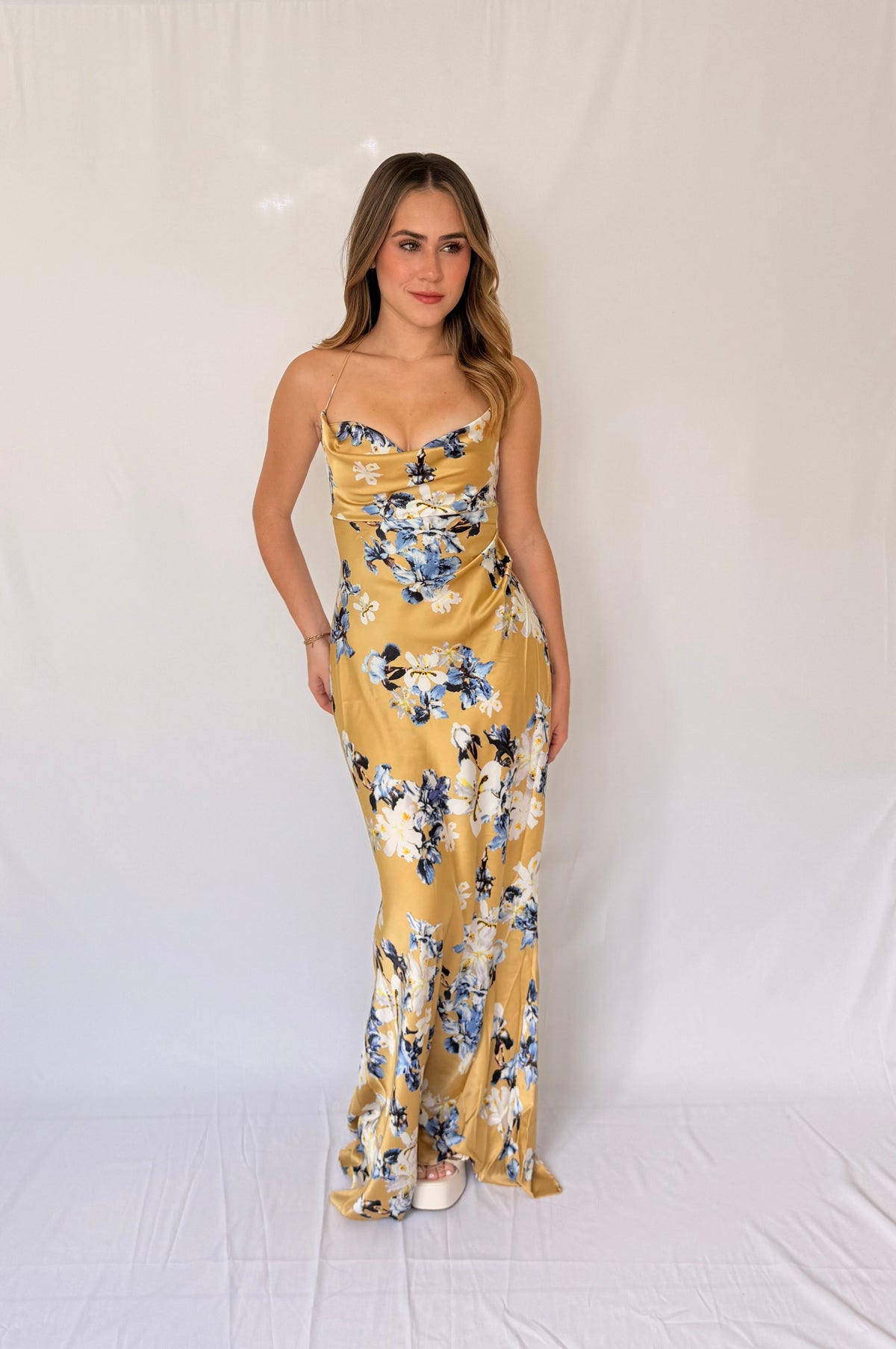 FLORAL METALLIC CHAIN SLIP DRESS