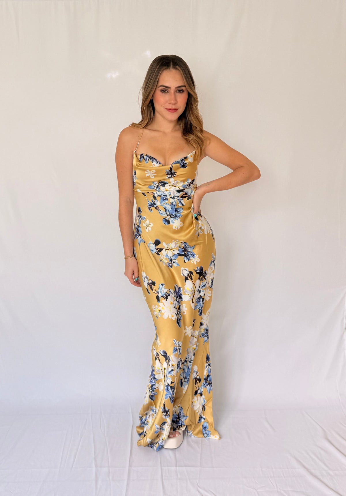 FLORAL METALLIC CHAIN SLIP DRESS