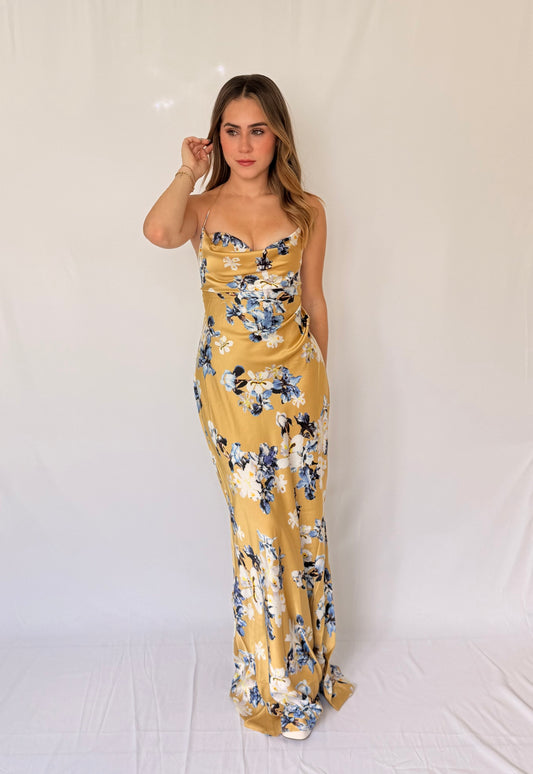 FLORAL METALLIC CHAIN SLIP DRESS