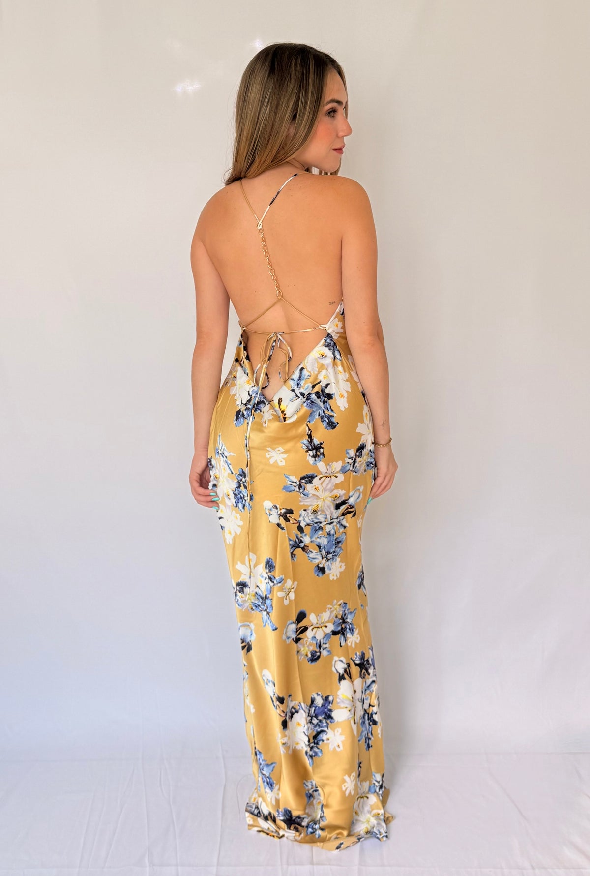 FLORAL METALLIC CHAIN SLIP DRESS