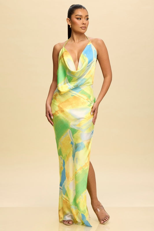 ISLA COWL SATIN DRESS LIME