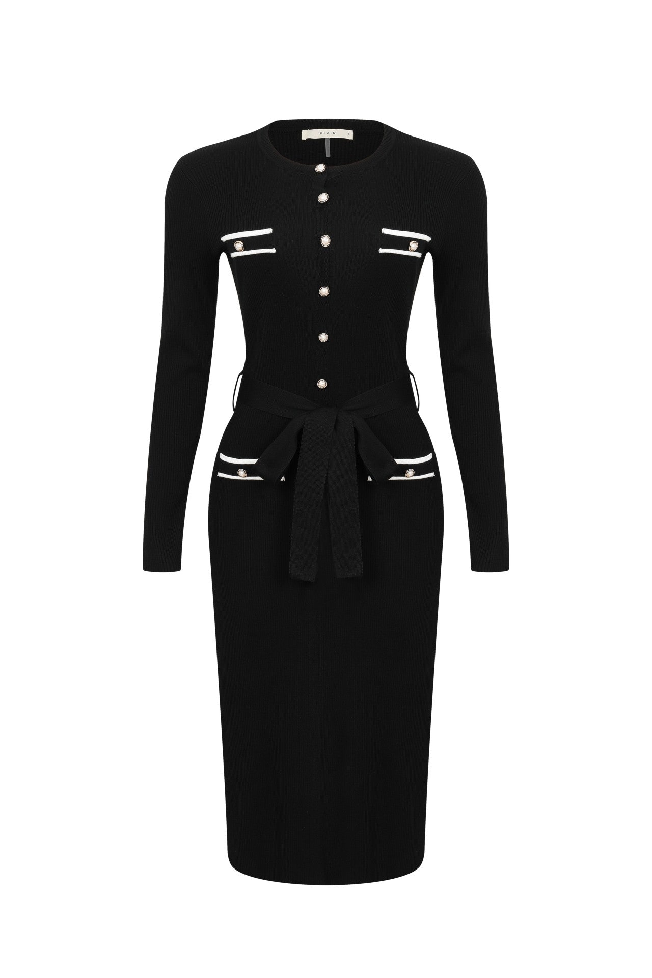 LONG SLEEVE MIDI DRESS W/ CONTRAST HIGH NECK COLLAR